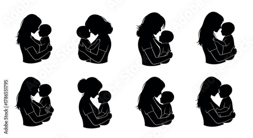 Silhouette images of diverse women from various ethnic backgrounds tenderly holding their babies, showcasing intimate mother-child connections.