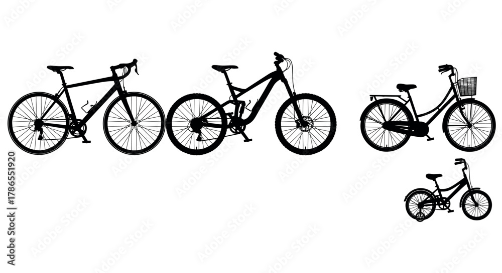 Obraz premium Silhouette of four different bicycle types including a road bike, mountain bike, city bike with basket, and a children's bike.