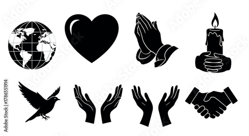 Set of black silhouette icons including a globe, heart, praying hands, candle with hands, bird, open hands, and handshake, representing various symbolic concepts.