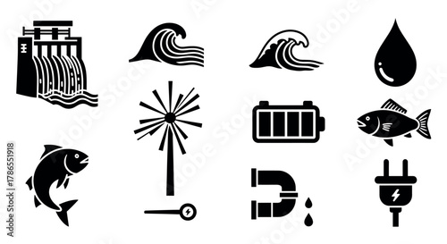 Black icons depicting various energy sources and utilities, including hydroelectric dam, ocean waves, wind turbine, battery, water droplet, fish, pipe leak, and electric plug.