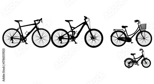 Silhouette of four different bicycle types including a road bike, mountain bike, city bike with basket, and a children's bike.