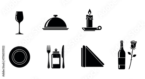 Set of black silhouette icons featuring a wine glass, cloche, candle, plate, cutlery, condiment bottle, books, wine bottle, and a rose.