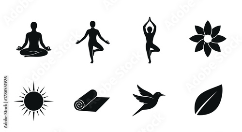 Eight black silhouette icons representing yoga poses, a flower, a sun, a yoga mat, a bird, and a leaf, symbolizing concepts of peace, nature, and relaxation.