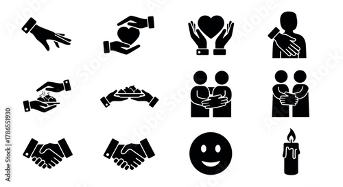 Black silhouette icons depicting various gestures of care, friendship, and emotion, including hands holding hearts, hugging figures, and a smiling face.
