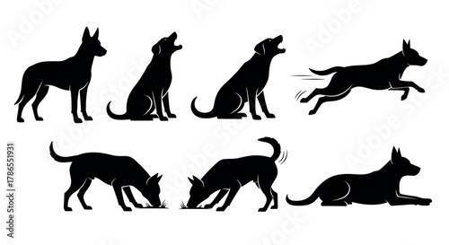 Silhouette illustrations of dogs in various poses including sitting, howling, leaping, sniffing, and laying down, capturing dynamic canine behavior.