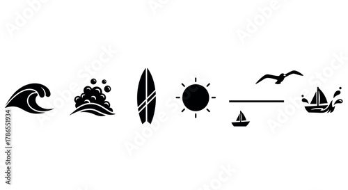 Black and white icons depicting ocean waves, sea foam, a surfboard, the sun, a boat sailing under a seagull, and a sailboat on water.