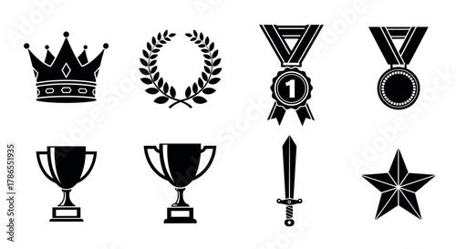 Black silhouette icons of a royal crown, laurel wreath, first-place medal, bronze medal, trophy cup, single blade sword, and five-pointed star.