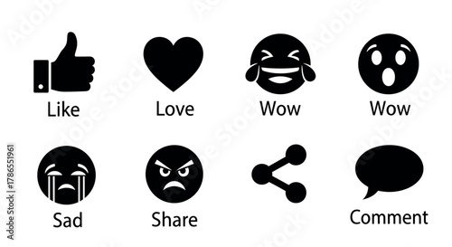 Black icon set displaying different social media reactions, including like, love, wow, sad, angry, share, and comment symbols.
