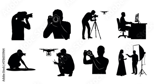 Silhouette illustrations of photographers and videographers using cameras, drones, and working at a computer in various professional settings.