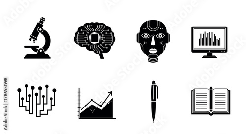 Collection of black silhouette icons depicting a microscope, circuit brain, robot head, computer monitor with graph, circuit diagram, growth chart, pen, and open book.