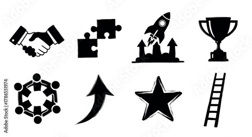 Eight black silhouette icons representing business success concepts, including a handshake, puzzle pieces, rocket, trophy, teamwork, arrow, star, and ladder.