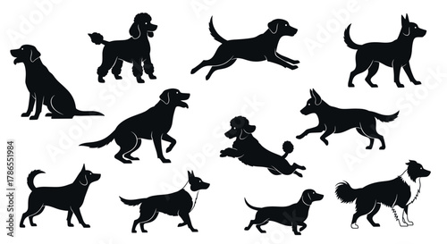 Silhouette collection of various dog breeds in different poses, showcasing diversity in canine shapes and sizes.