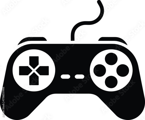 Black video game controller icon with wired connection for gaming