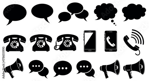 Black and white set of communication icons featuring speech bubbles, vintage telephones, modern smartphones, telephone handset, and megaphones.