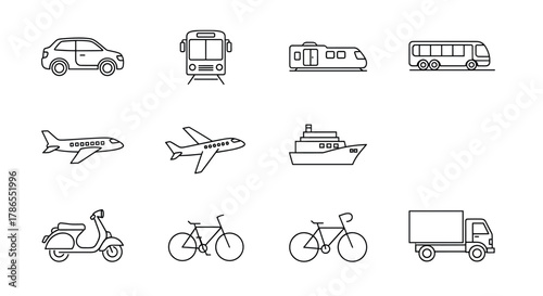 Black outline icons of various transportation modes, including a car, train, bus, airplane, ship, scooter, bicycle, and truck, arranged in a grid pattern.