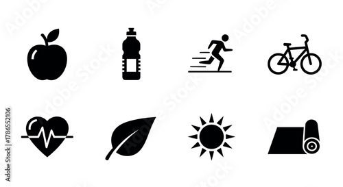 Black silhouette icons of an apple, water bottle, running figure, bicycle, heart with pulse line, leaf, sun, and yoga mat representing health and wellness activities.