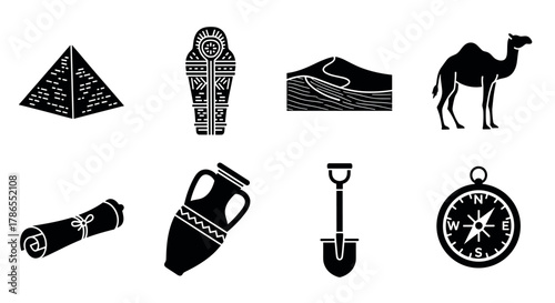 Black icons depicting egyptian pyramid, sarcophagus, sand dunes, camel, scroll, amphora, shovel, and compass on a white background.