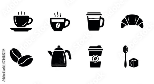 Set of black coffee-related icons including cups, beans, kettle, takeout cup, croissant, spoon, and sugar cube, representing various coffee concepts.