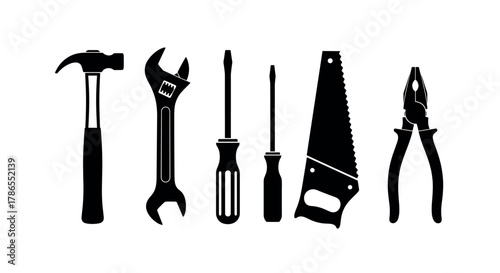 A collection of black silhouette icons representing essential hand tools, including a hammer, wrench, screwdriver, saw, and pliers.