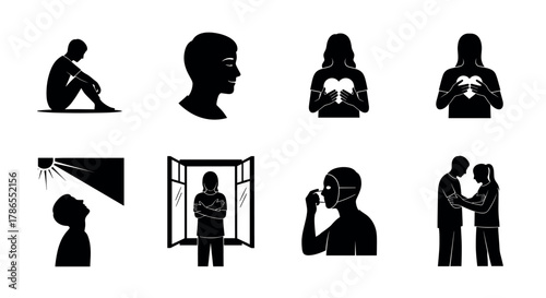 Silhouette illustrations of solitary figures and interactions, including introspection, gestures of love, and a contemplative gaze upward.