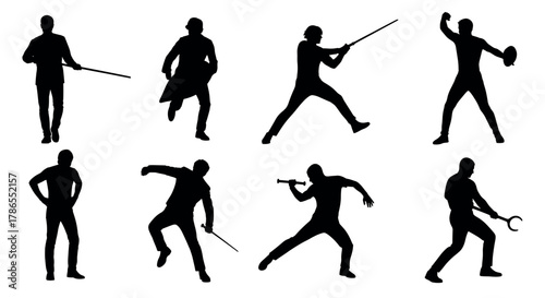 Silhouette collection of eight male figures in dynamic martial arts poses, each holding different weapons and displaying various stances.