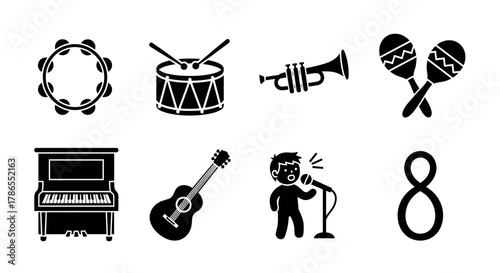 Black icons of various musical instruments including tambourine, drum, trumpet, maracas, piano, guitar, singer with microphone, and musical note.