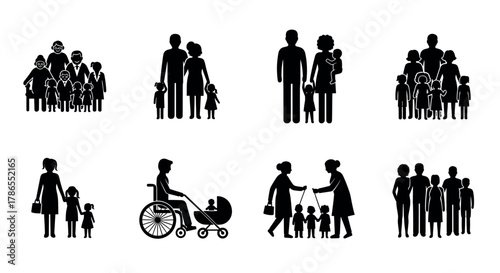 Silhouettes of various family groups, including parents with children, an elderly person, a person in a wheelchair, and caregivers with children.