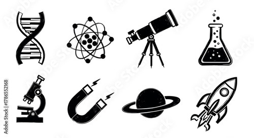 Black and white icons depicting scientific concepts including dna, atom structure, telescope, laboratory flask, microscope, magnets, planet with rings, and a rocket.