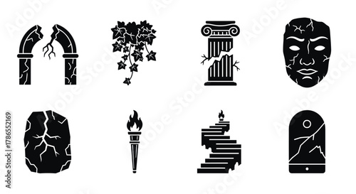 Set of eight black silhouette icons representing ancient and mystical objects, including broken arches, ivy, cracked face, and torch.