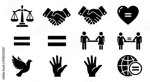 Black and white icons representing justice, teamwork, equality, peace, and global connection, including scales, handshake, heart, dove, hands, and globe.