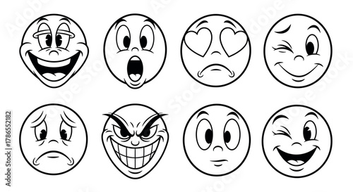 Black and white illustration featuring eight distinct cartoon faces, each expressing a unique emotion from happiness and surprise to sadness and mischievousness.