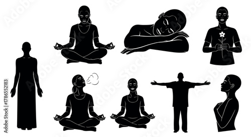Black silhouette illustrations of an african female practicing yoga, meditating, holding a flower, embracing, and sleeping, conveying peace and mindfulness.