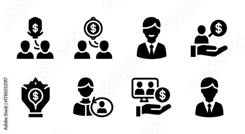 Black silhouette icons illustrating various financial business concepts, including investment, communication, and teamwork.