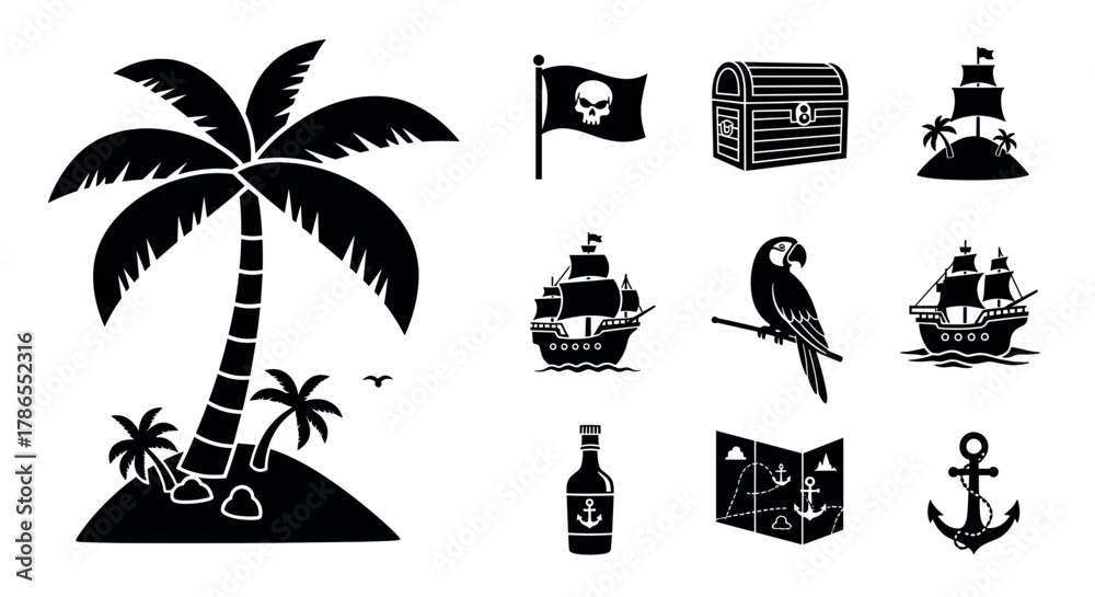 Obraz premium Black silhouette icons of pirate-themed elements including a palm tree, pirate flag, treasure chest, ship, parrot, map, bottle, and anchor.