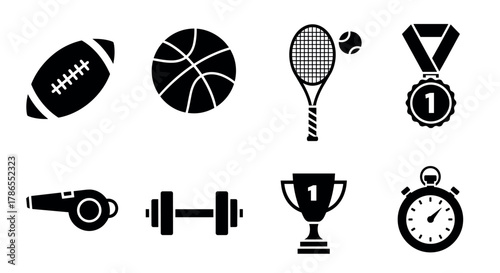 Black silhouette icon set displaying various sports equipment and awards, including a football, basketball, tennis racket, medal, whistle, dumbbell, trophy, and stopwatch.