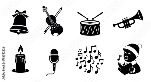 Set of black silhouette icons featuring a bell with a bow, a violin, a drum with sticks, a trumpet, a candle, a microphone, musical notes, and a singing boy wearing a winter hat.
