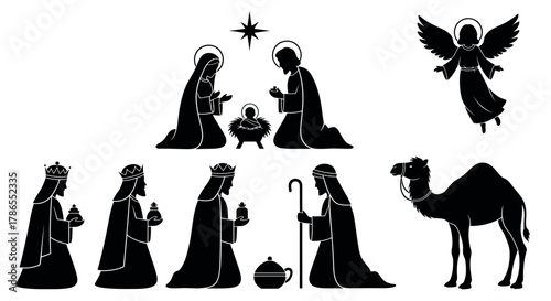 Silhouette scene depicting the nativity of jesus with three kings offering gifts, mary and joseph, an angel, and a camel in traditional religious motifs.