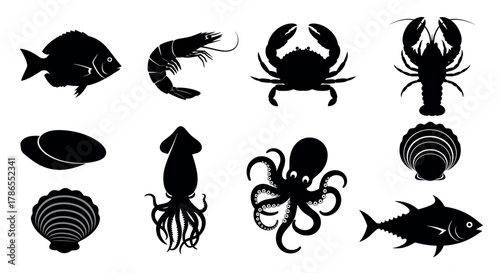 Collection of ten black silhouette icons depicting various seafood including fish, shrimp, crab, lobster, squid, octopus, clams, and scallops.