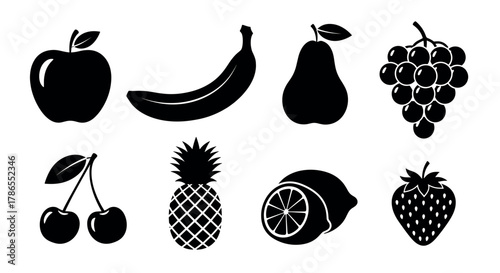 Black silhouette icons of various fruits including an apple, banana, pear, grapes, cherries, pineapple, lemon, and strawberry.