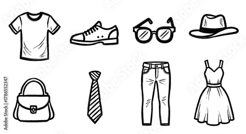 Black and white sketch of various fashion items, including a t-shirt, shoe, sunglasses, hat, handbag, tie, jeans, and dress in minimal line design.