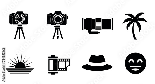 Black silhouette icons featuring cameras on tripods, a large camera lens, a palm tree, a sunset, a film roll, a hat, and a smiling face.