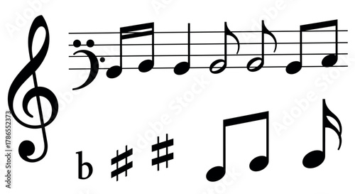 Black musical notation symbols including treble and bass clefs, flat and sharp signs, and various music notes on a staff.