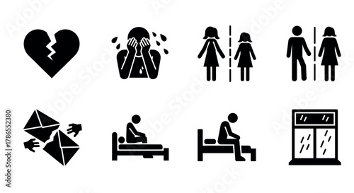 A series of black iconographic illustrations depicting themes of heartbreak, crying, separation, solitude, and reflection in simple silhouetted designs.