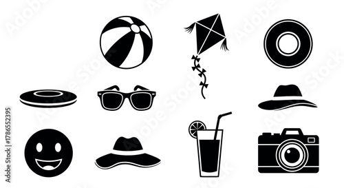 Collection of black and white icons showcasing summer and leisure items, including a beach ball, kite, life ring, frisbee, sunglasses, hat, sombrero, cocktail, and camera.