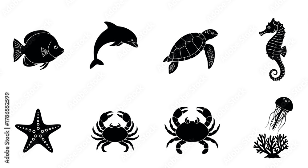 Fototapeta premium A collection of black silhouette sea creatures including a fish, dolphin, turtle, seahorse, starfish, crabs, jellyfish, and coral, arranged on a white background.
