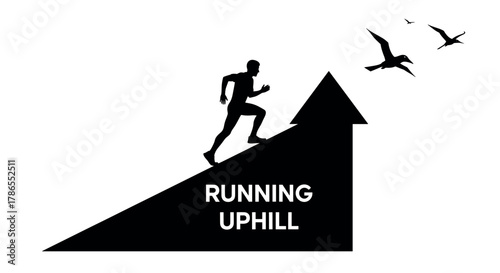 Silhouette of a male running uphill against a steep slope with birds flying overhead, conveying determination and motivation.