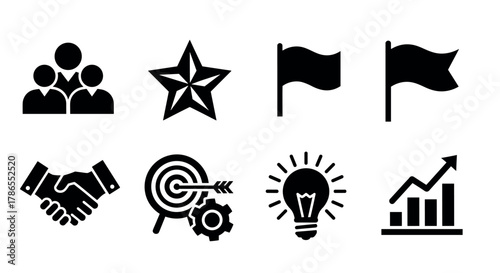 Black icons representing teamwork, star, flags, handshake, target with arrow, light bulb, and rising graph symbolizing success and collaboration.
