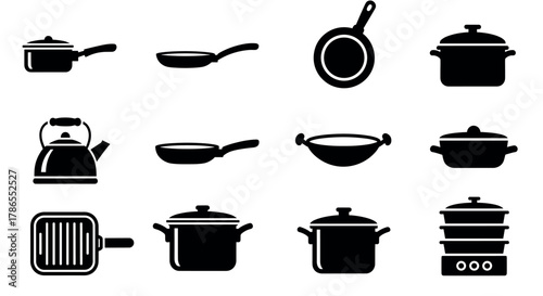Black silhouette icons of various kitchen cookware including pots, pans, a kettle, and a steamer, illustrating different utensils used for cooking.