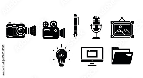 Black outline icons representing a camera, film camera, pen, microphone, framed artwork, lightbulb, computer monitor, and folder, symbolizing various creative and digital concepts.