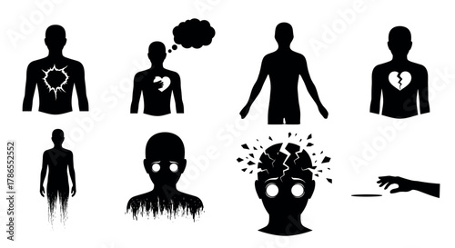 Black silhouette illustrations of human figures depicting conceptual emotional states such as heartbreak, thoughtfulness, and mental distress.